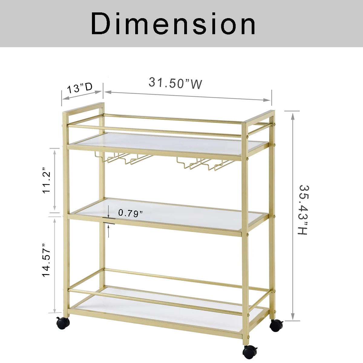 Gold Bar Cart with 3 Shelves, Wine Glass Bottle Storage Bar Serving Cart with Wheels for Kitchen Living Room, 31.5”W