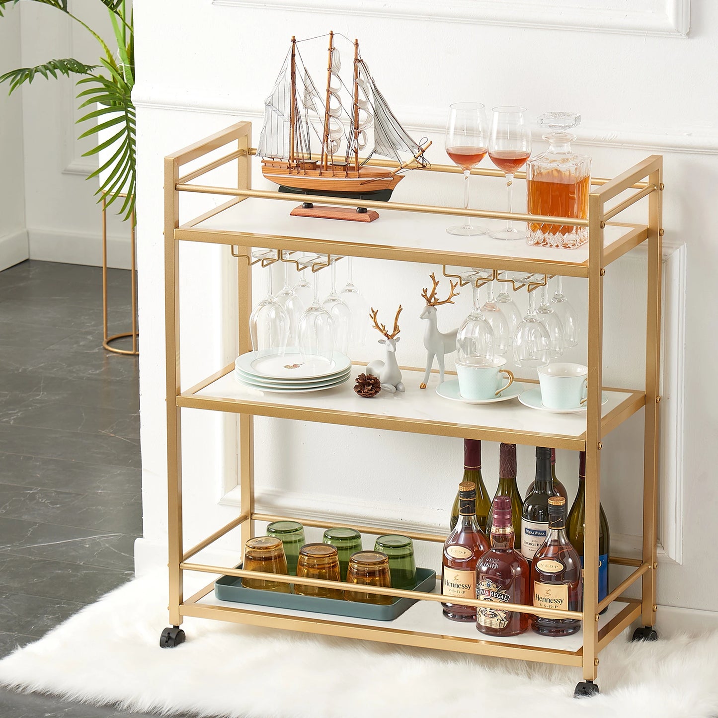 Gold Bar Cart with 3 Shelves, Wine Glass Bottle Storage Bar Serving Cart with Wheels for Kitchen Living Room, 31.5”W