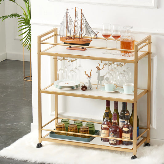 Gold Bar Cart with 3 Shelves, Wine Glass Bottle Storage Bar Serving Cart with Wheels for Kitchen Living Room, 31.5”W