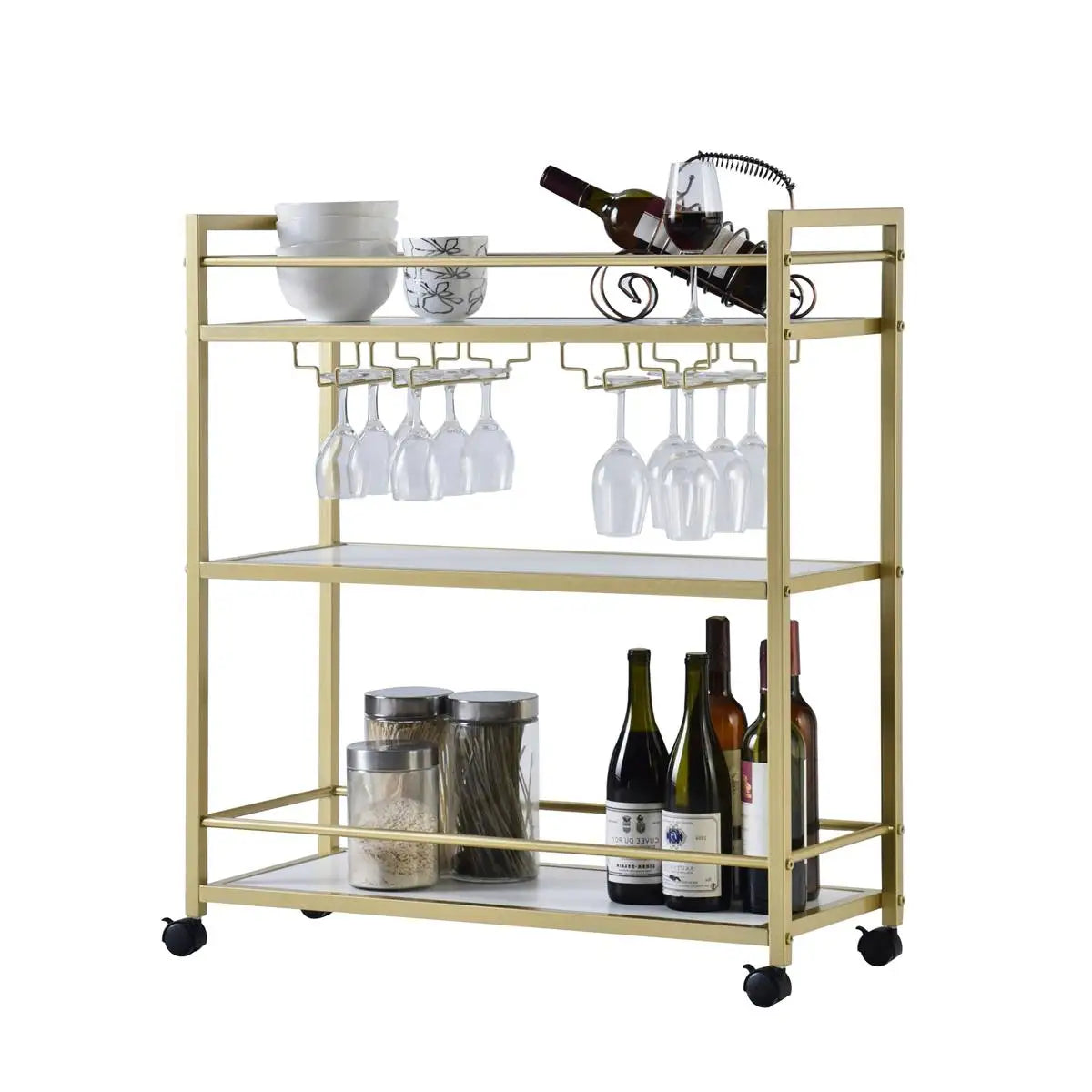 Gold Bar Cart with 3 Shelves, Wine Glass Bottle Storage Bar Serving Cart with Wheels for Kitchen Living Room, 31.5”W