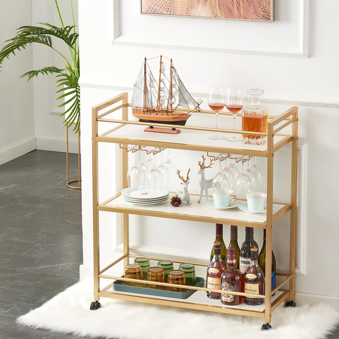Gold Bar Cart with 3 Shelves, Wine Glass Bottle Storage Bar Serving Cart with Wheels for Kitchen Living Room, 31.5”W